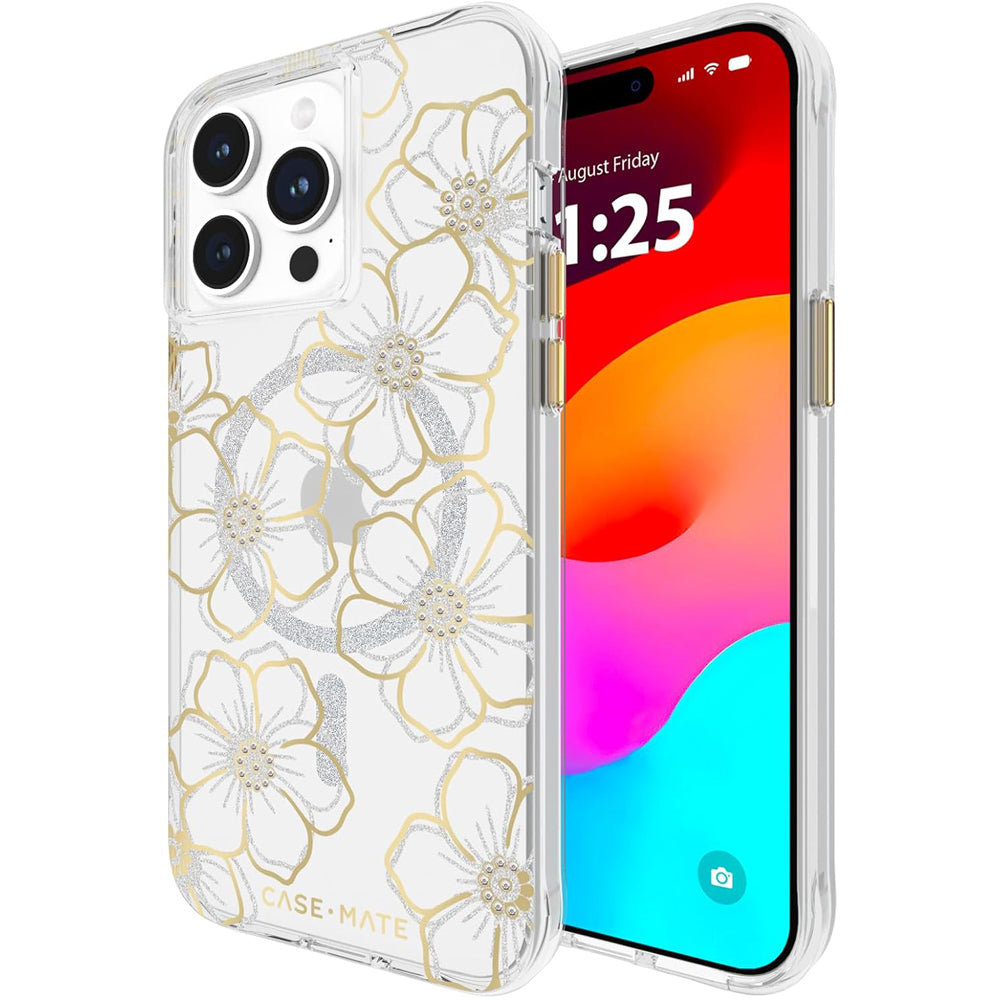 NNEDSZ Case-Mate Floral Gems MagSafe Case For iPhone 15 Pro Max - Gold